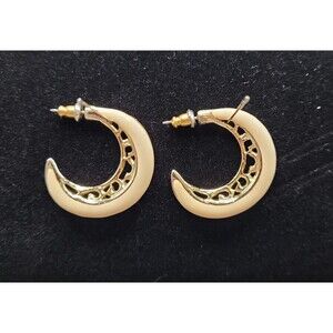 Cream Enamel Gold Crescent Moon Shaped Earrings